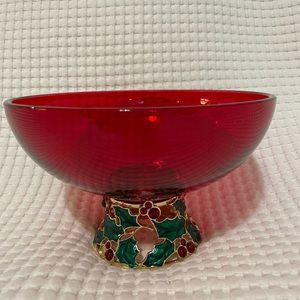Holiday Telaflora Gifts red glass bowl with metal red/green Holly base.